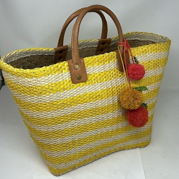 Mar Y Sol Sahara Structured Tote Sunflower Yellow and Natural Leather Handles - Picture 1 of 9
